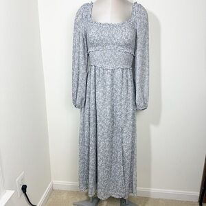 ASTR Floral Midi Dress Size Medium Side Slit in Dusty Blue, White & Tan